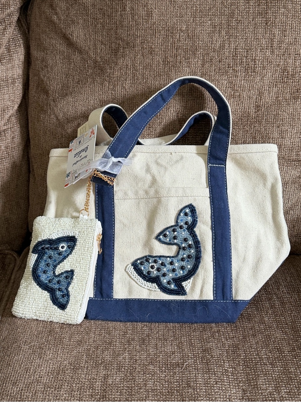 Beaded Whale Canvas Tote with Coin Purse - Navy & Cream